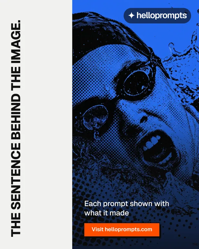 Instagram portrait post for HelloPrompts: "The sentence behind the image." Brutalist style, vertical layout, light palette in white, black, blue.