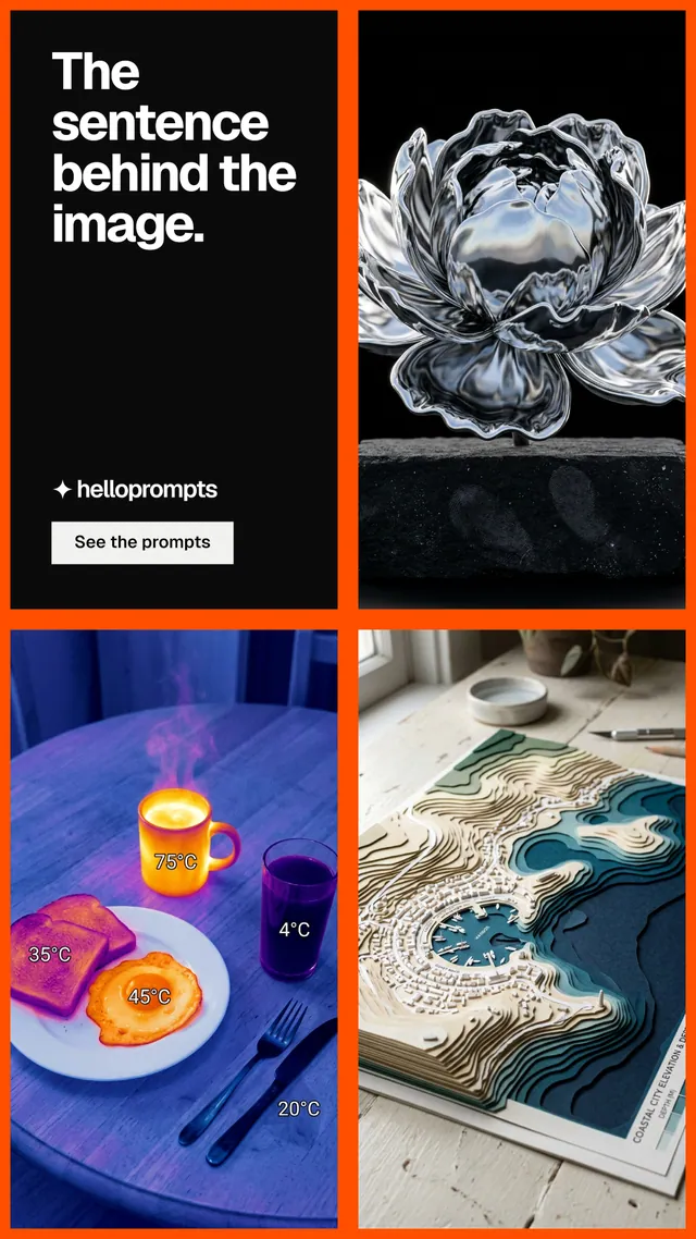 Instagram story for HelloPrompts: "The sentence behind the image." Split block style, collage layout, dark palette in black, grey, pink.