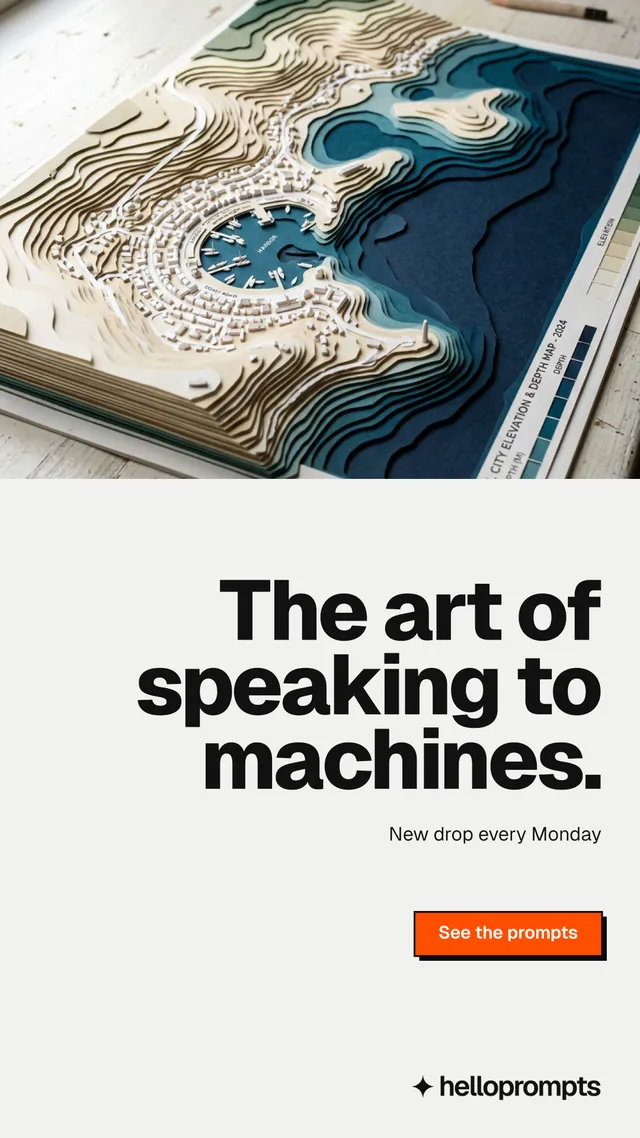 Instagram story for HelloPrompts: "The art of speaking to machines." Brutalist style, right layout, light palette in white, grey.