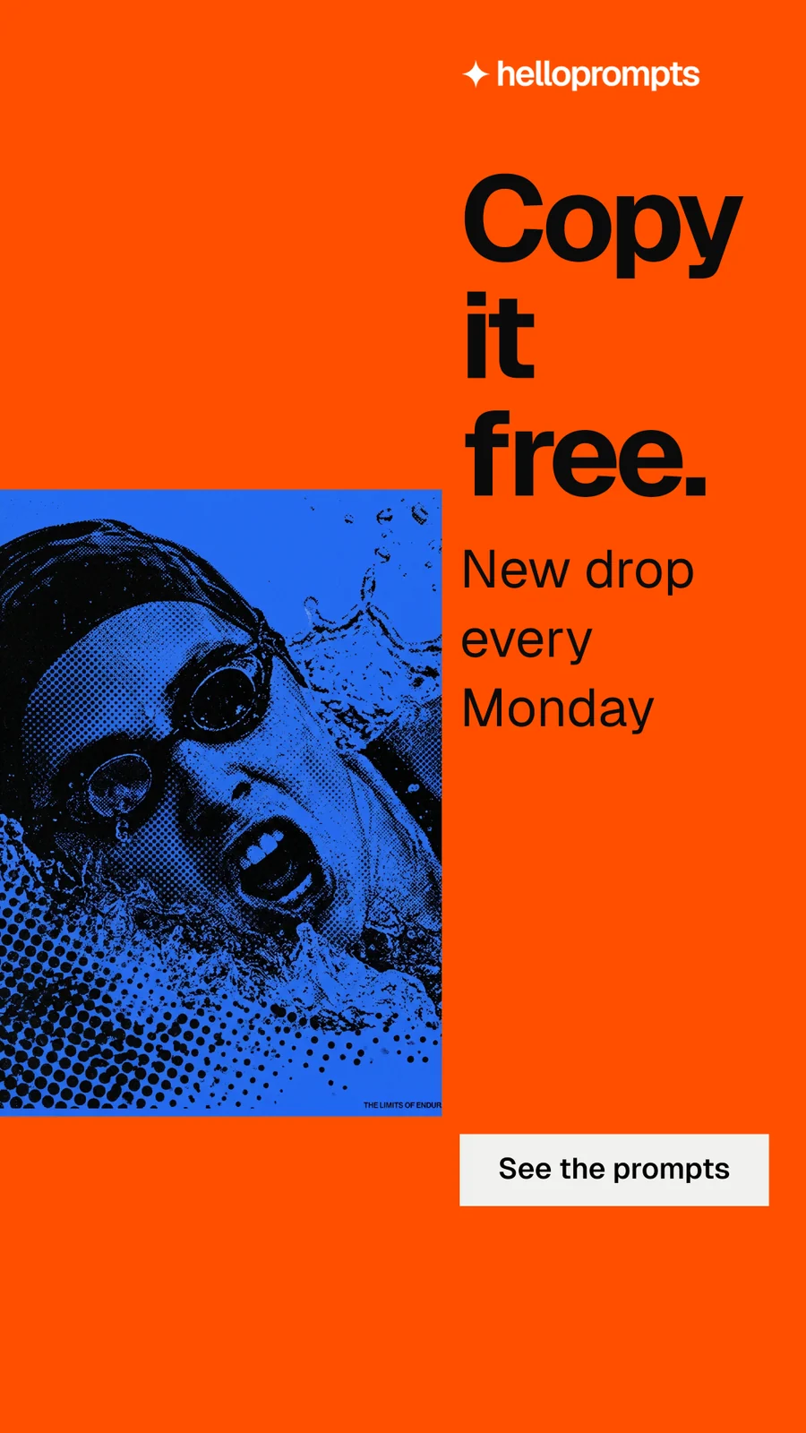 Instagram story for HelloPrompts: "Copy it free." Swiss style, skeleton layout, dark palette in orange, red, grey.