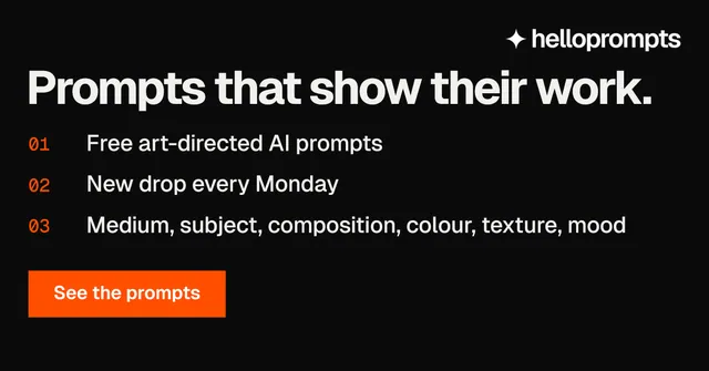 Social ad for HelloPrompts: "Prompts that show their work." Swiss style, numbered layout, dark palette in black, grey, orange.