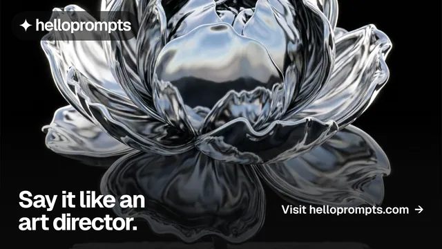Landscape graphic for HelloPrompts: "Say it like an art director." Swiss style, image led layout, dark palette in black, grey.