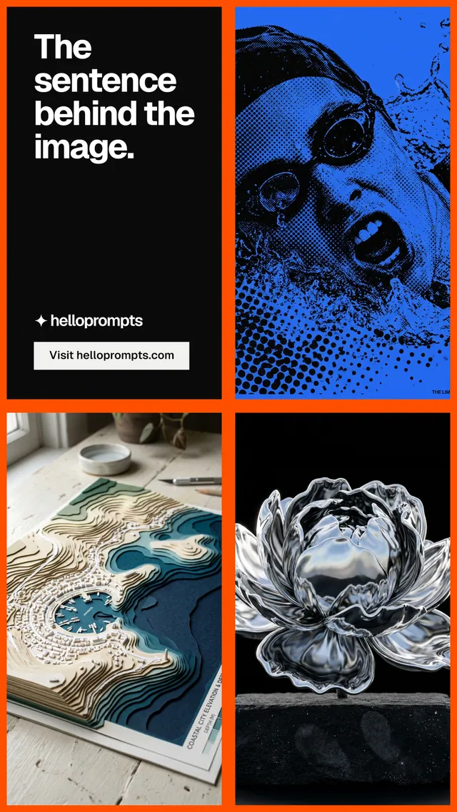 Instagram story for HelloPrompts: "The sentence behind the image." Split block style, collage layout, dark palette in black, grey.