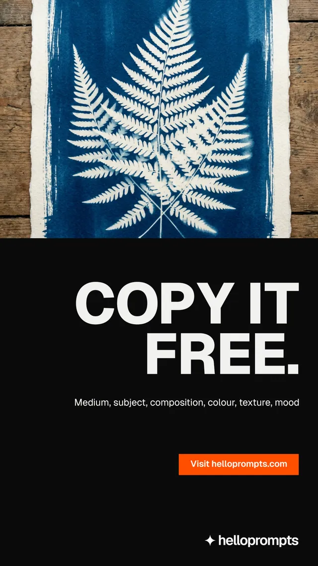 Instagram story for HelloPrompts: "Copy it free." Brutalist style, right layout, dark palette in black, blue, grey.