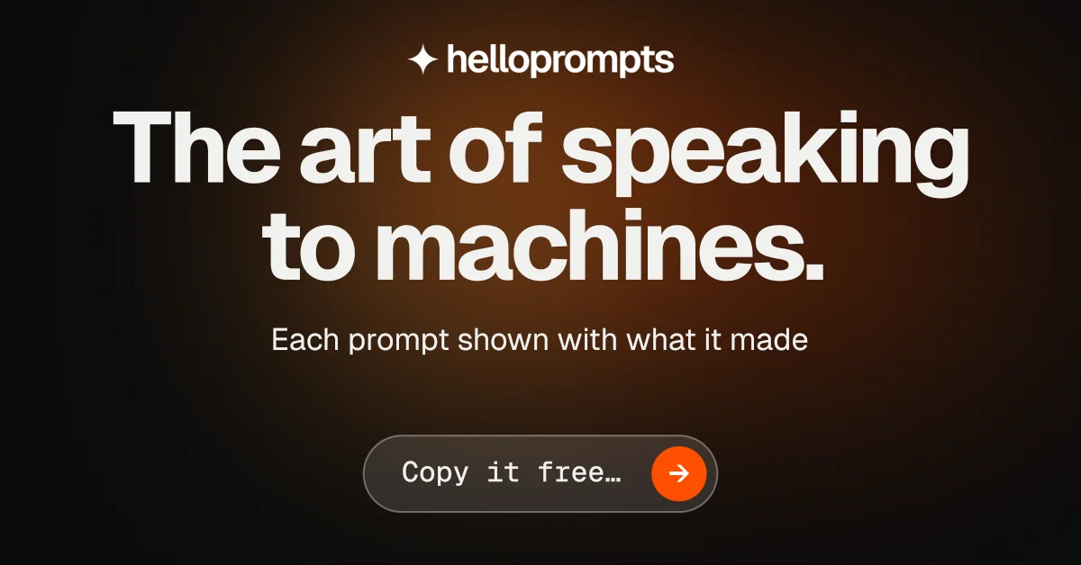 Social ad for HelloPrompts: "The art of speaking to machines." Agentic glass style, centred layout, dark palette in black, orange, grey.
