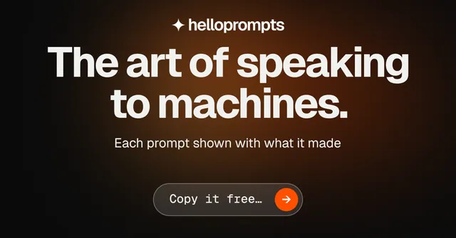 Social ad for HelloPrompts: "The art of speaking to machines." Agentic glass style, centred layout, dark palette in black, orange, grey.