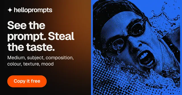 Social ad for HelloPrompts: "See the prompt. Steal the taste." Y2K style, bottom layout, dark palette in black, blue, red.
