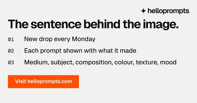 Social ad for HelloPrompts: "The sentence behind the image." Swiss style, numbered layout, light palette in white, brown, grey.