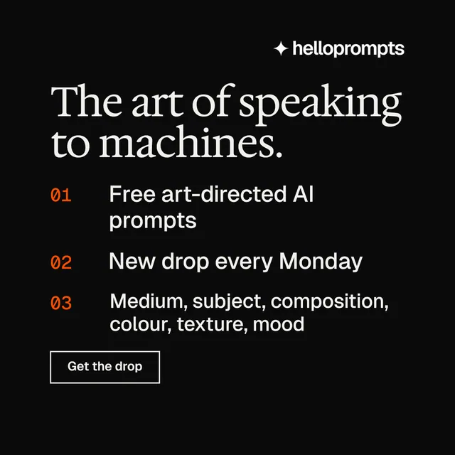 Instagram post for HelloPrompts: "The art of speaking to machines." Editorial style, numbered layout, dark palette in black, grey.