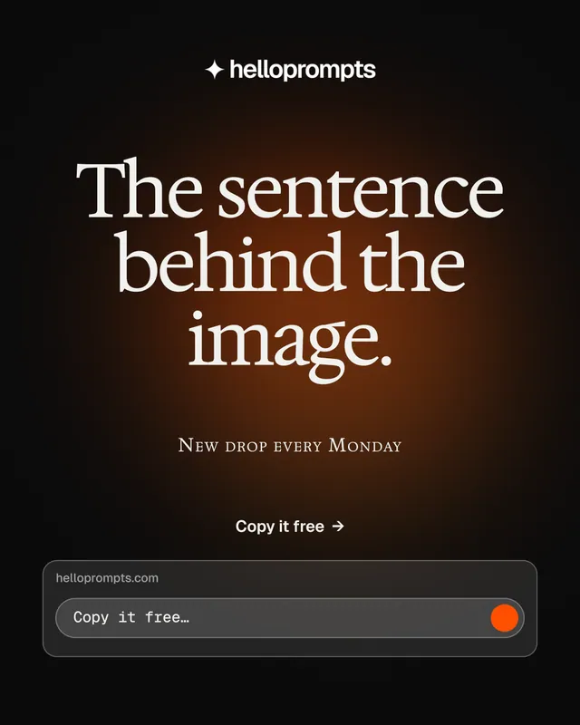 Instagram portrait post for HelloPrompts: "The sentence behind the image." Y2K style, smallcaps layout, dark palette in black, orange, grey.