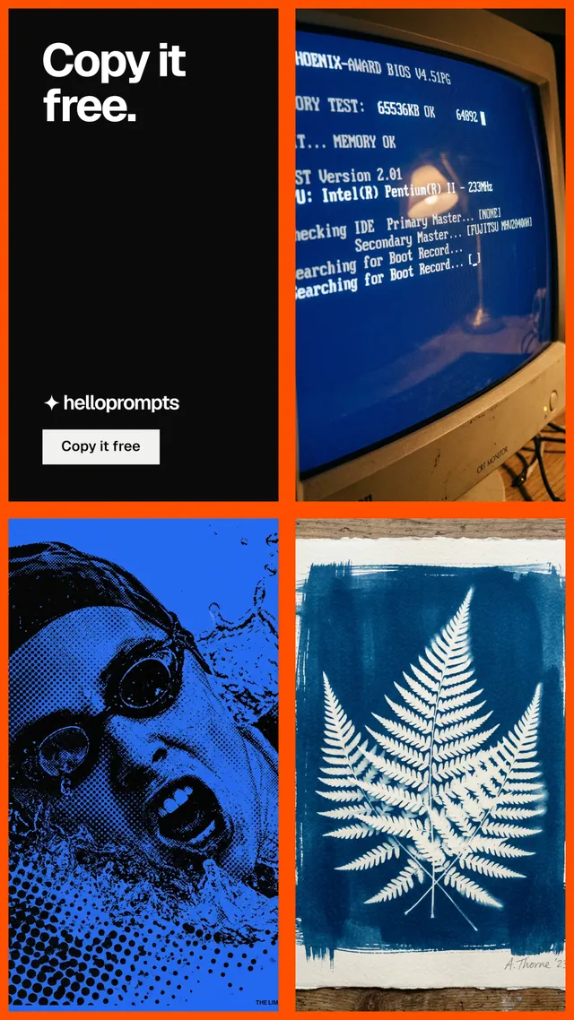 Instagram story for HelloPrompts: "Copy it free." Split block style, collage layout, dark palette in blue, grey, black.