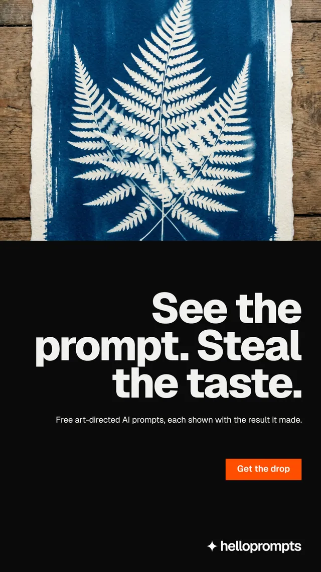 Instagram story for HelloPrompts: "See the prompt. Steal the taste." Brutalist style, right layout, dark palette in black, blue, grey.