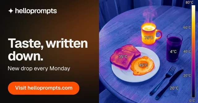 Social ad for HelloPrompts: "Taste, written down." Y2K style, bottom layout, dark palette in blue, red, purple.