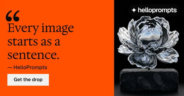 Social ad for HelloPrompts: "The sentence behind the image." Split block style, quote layout, dark palette in orange, black.
