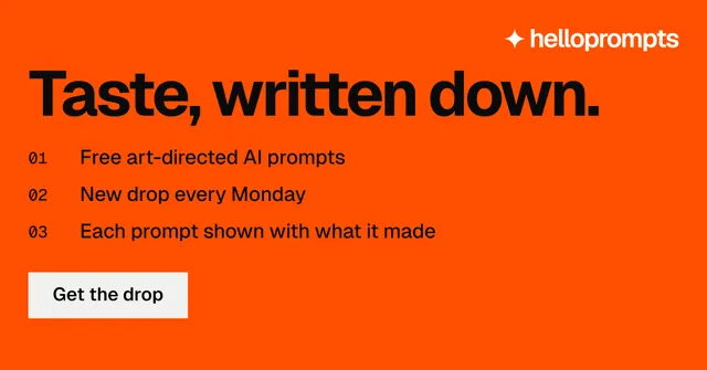 Social ad for HelloPrompts: "Taste, written down." Swiss style, numbered layout, dark palette in orange.
