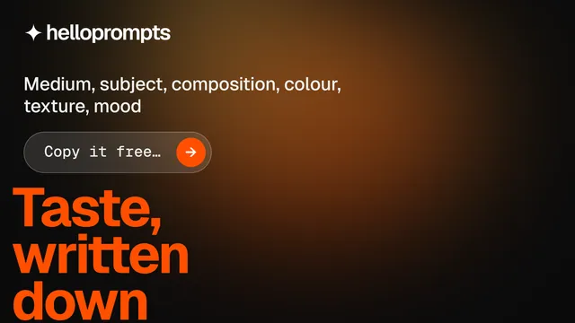 Landscape graphic for HelloPrompts: "The sentence behind the image." Agentic glass style, oversized layout, dark palette in black, orange, brown.