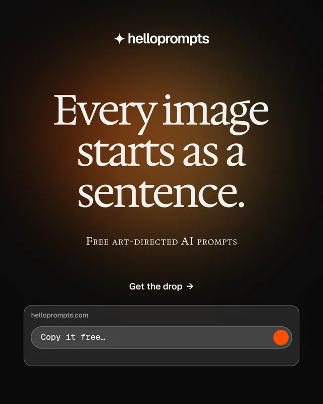Instagram portrait post for HelloPrompts: "Every image starts as a sentence." Y2K style, smallcaps layout, dark palette in orange, black.