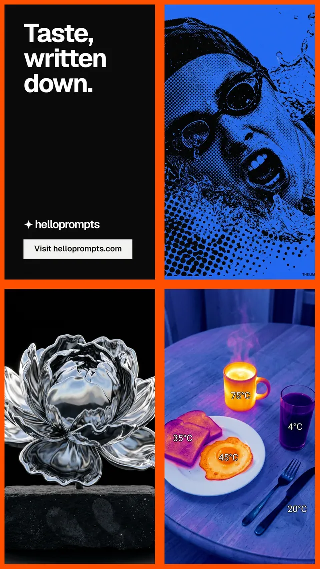 Instagram story for HelloPrompts: "Taste, written down." Split block style, collage layout, dark palette in blue, black, grey.