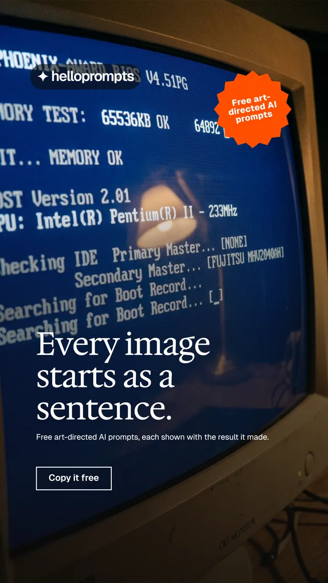 Instagram story for HelloPrompts: "Every image starts as a sentence." Editorial style, sticker layout, dark palette in black, blue, grey.