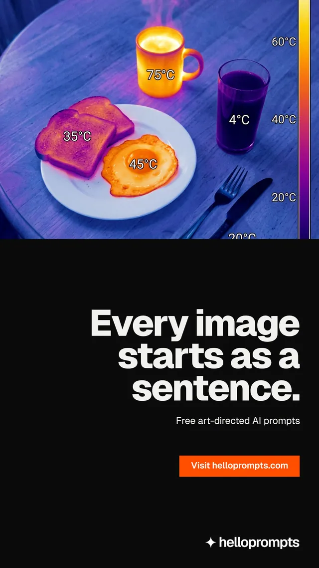 Instagram story for HelloPrompts: "Every image starts as a sentence." Brutalist style, right layout, dark palette in black, blue, grey.