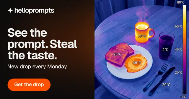 Social ad for HelloPrompts: "See the prompt. Steal the taste." Y2K style, bottom layout, dark palette in blue, black, grey.