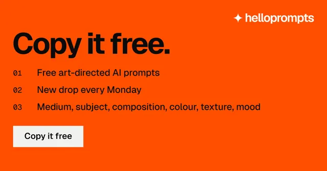 Social ad for HelloPrompts: "Copy it free." Swiss style, numbered layout, dark palette in orange.