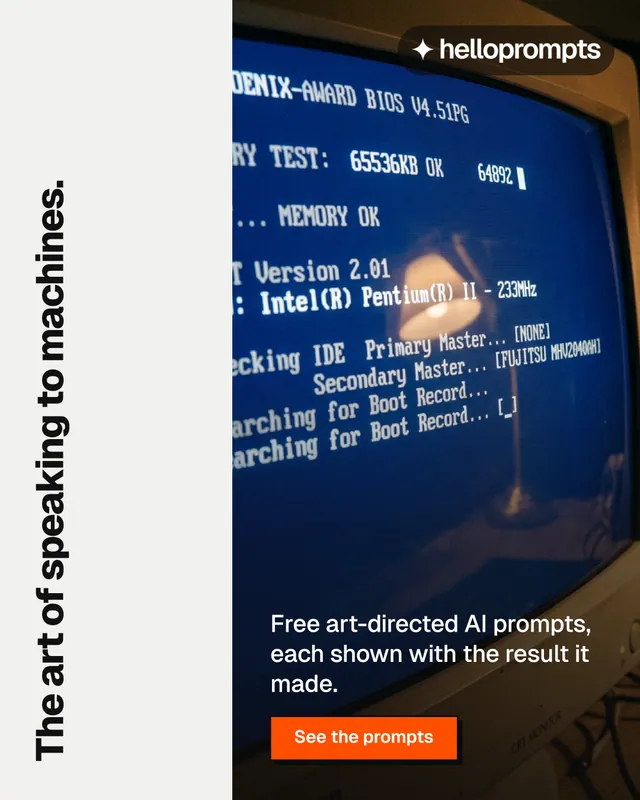 Instagram portrait post for HelloPrompts: "The art of speaking to machines." Brutalist style, vertical layout, light palette in white, blue, black.