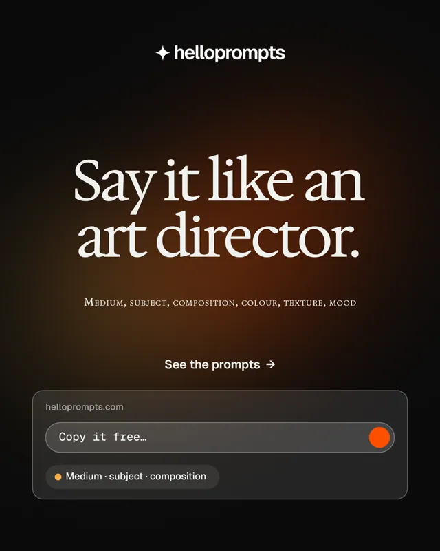 Instagram portrait post for HelloPrompts: "Say it like an art director." Y2K style, smallcaps layout, dark palette in black, orange, grey.