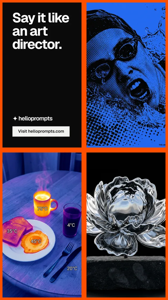 Instagram story for HelloPrompts: "Say it like an art director." Split block style, collage layout, dark palette in blue, black, grey.