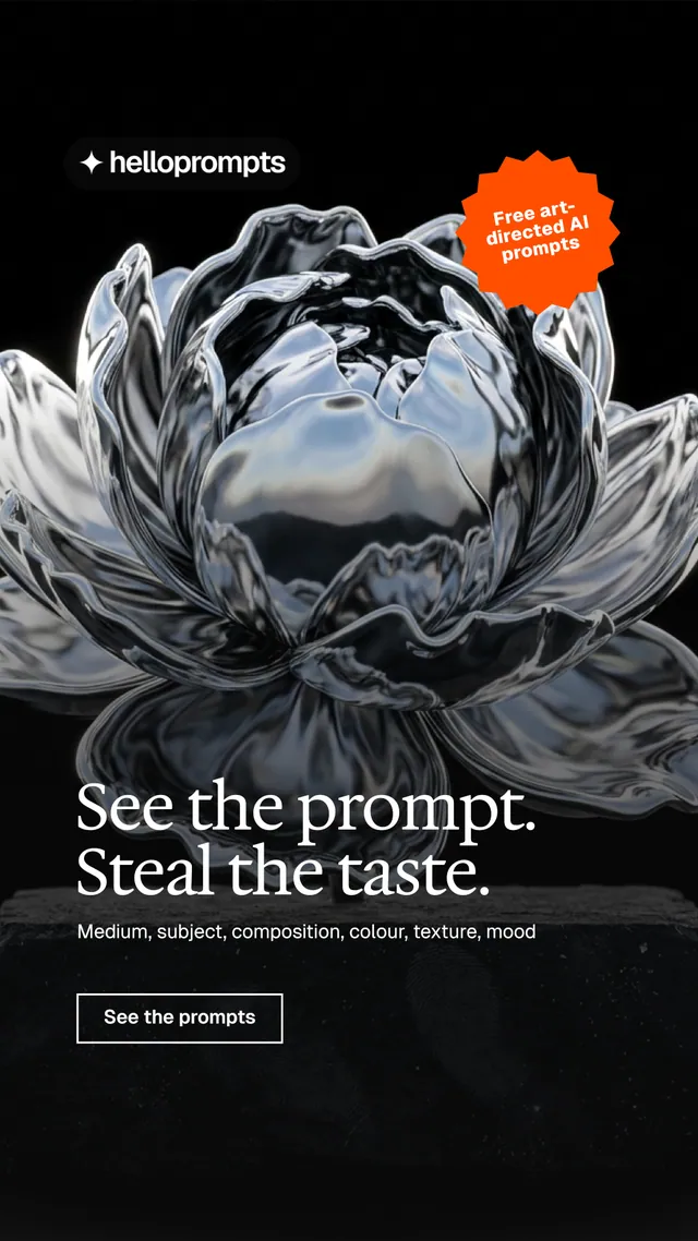 Instagram story for HelloPrompts: "See the prompt. Steal the taste." Editorial style, sticker layout, dark palette in black, grey.
