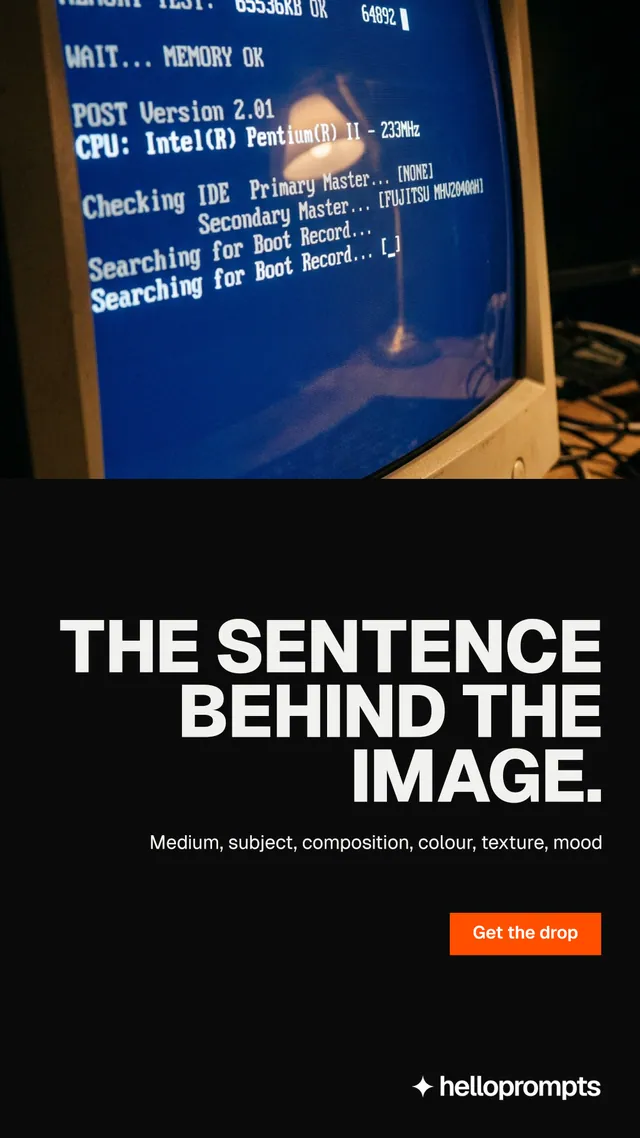 Instagram story for HelloPrompts: "The sentence behind the image." Brutalist style, right layout, dark palette in black, blue, grey.