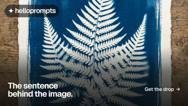 Landscape graphic for HelloPrompts: "The sentence behind the image." Swiss style, image led layout, dark palette in grey, blue.