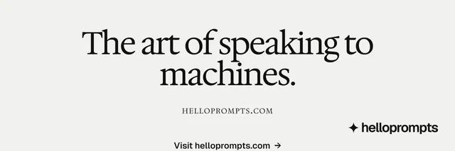 X header for HelloPrompts: "The art of speaking to machines." Swiss style, smallcaps layout, light palette in white, grey.