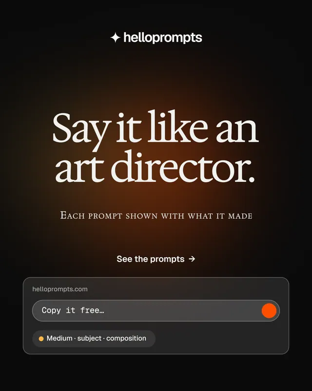 Instagram portrait post for HelloPrompts: "Say it like an art director." Y2K style, smallcaps layout, dark palette in orange, black, grey.