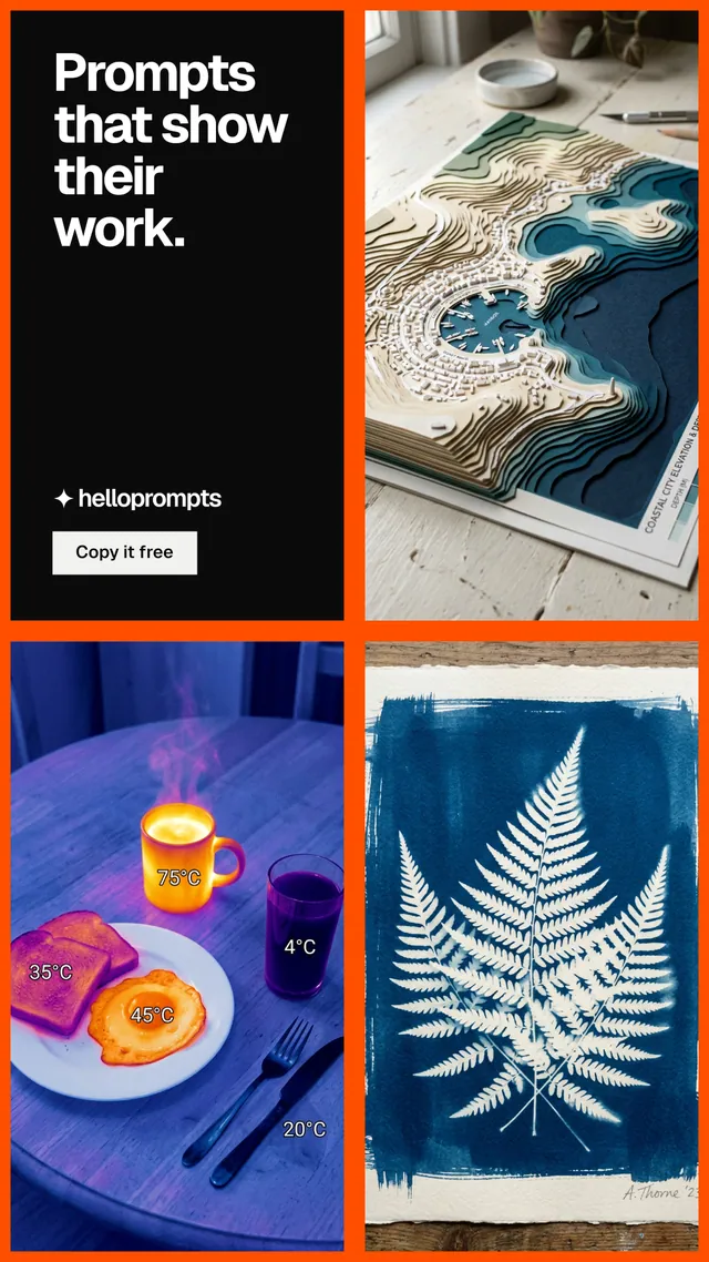 Instagram story for HelloPrompts: "Prompts that show their work." Split block style, collage layout, dark palette in black, grey, pink.