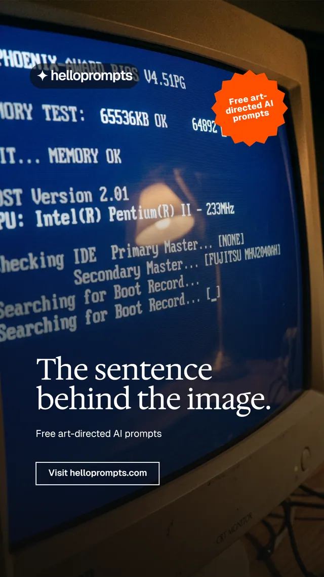 Instagram story for HelloPrompts: "The sentence behind the image." Editorial style, sticker layout, dark palette in black, blue, grey.