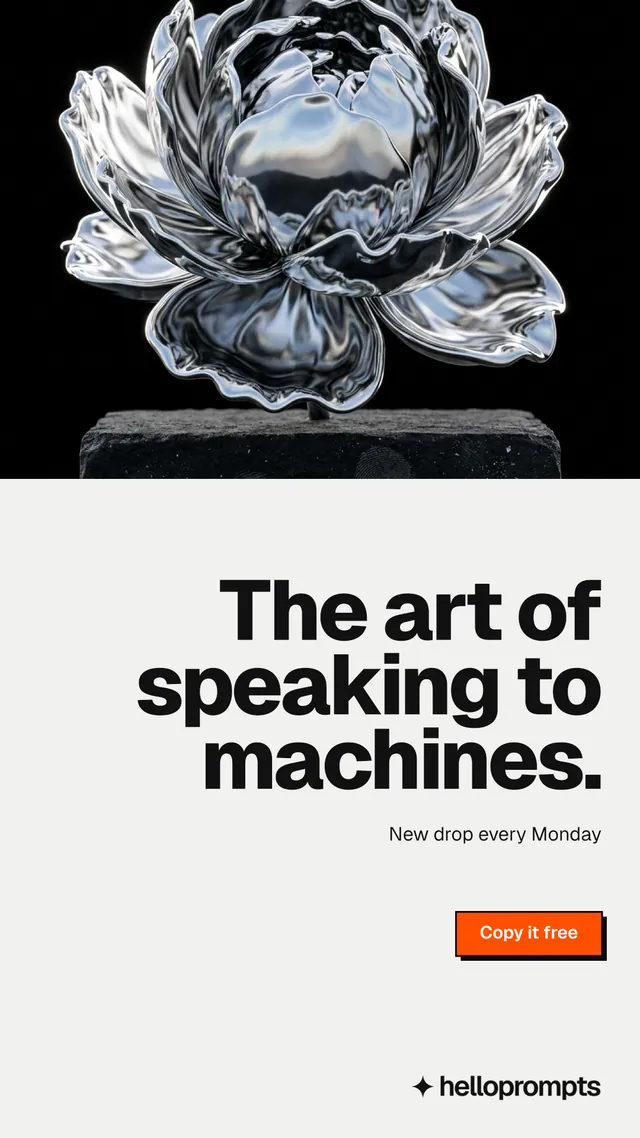 Instagram story for HelloPrompts: "The art of speaking to machines." Brutalist style, right layout, light palette in white, black, grey.