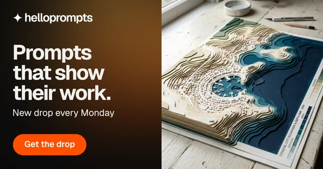 Social ad for HelloPrompts: "Prompts that show their work." Y2K style, bottom layout, dark palette in black, orange, grey.