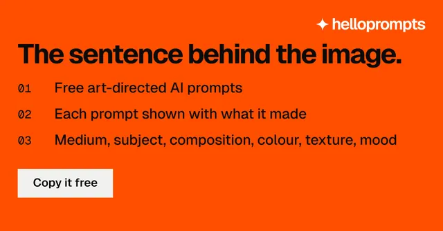 Social ad for HelloPrompts: "The sentence behind the image." Swiss style, numbered layout, dark palette in orange.