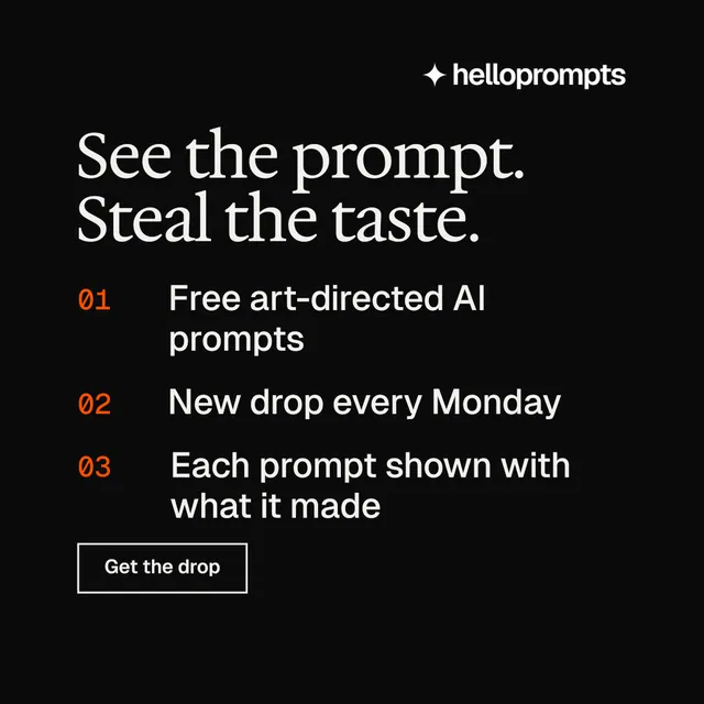 Instagram post for HelloPrompts: "See the prompt. Steal the taste." Editorial style, numbered layout, dark palette in black, grey.