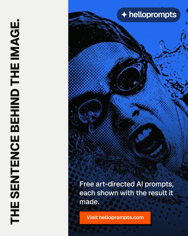Instagram portrait post for HelloPrompts: "The sentence behind the image." Brutalist style, vertical layout, light palette in white, black, blue.