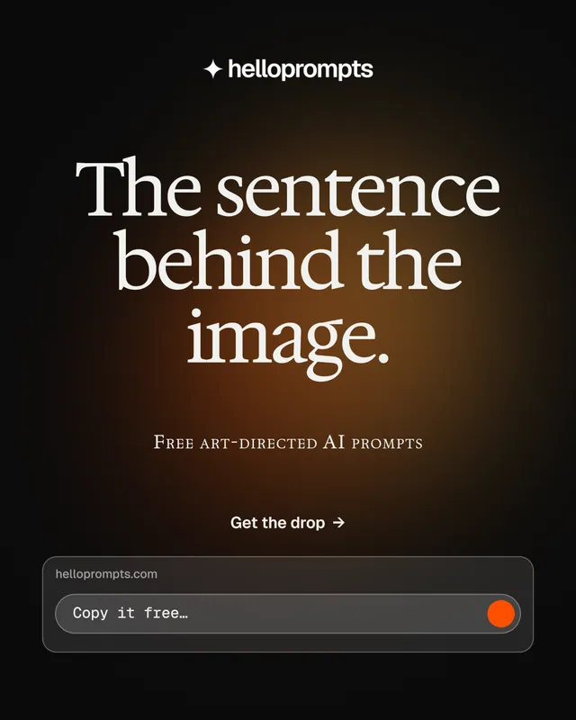 Instagram portrait post for HelloPrompts: "The sentence behind the image." Y2K style, smallcaps layout, dark palette in orange, black.