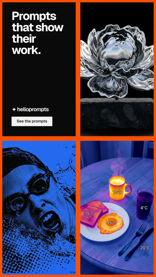 Instagram story for HelloPrompts: "Prompts that show their work." Split block style, collage layout, dark palette in blue, black, grey.