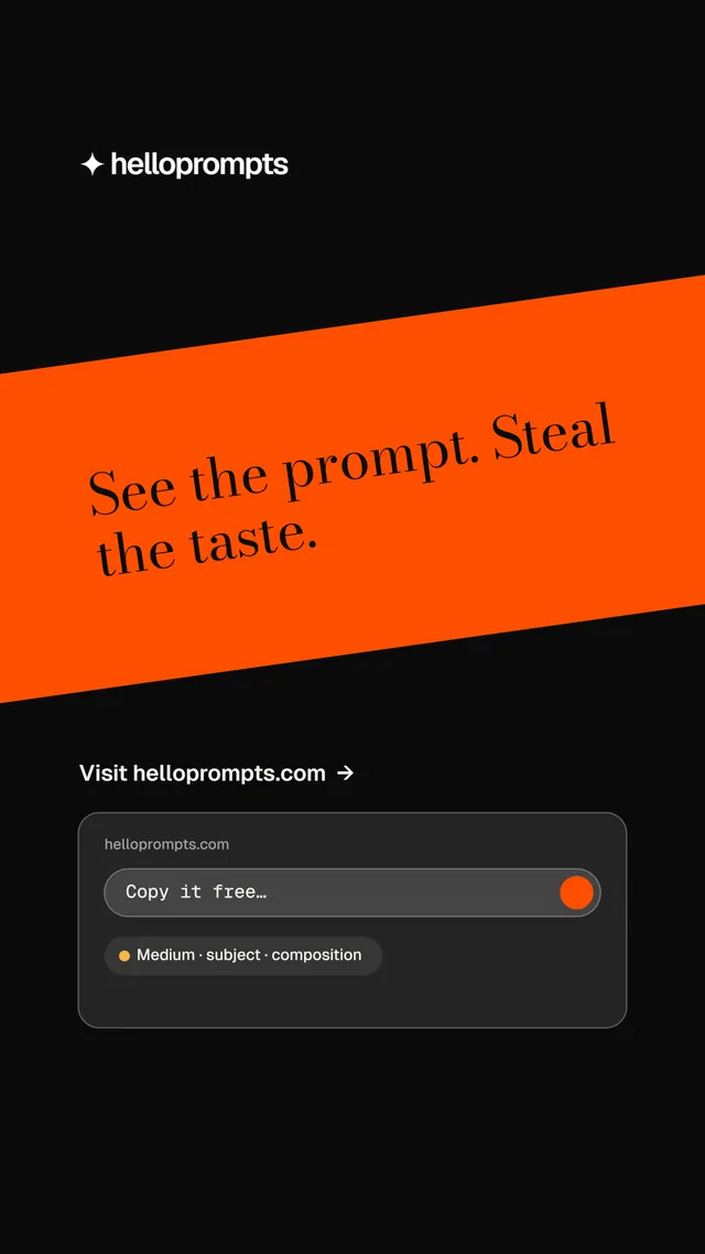 Instagram story for HelloPrompts: "See the prompt. Steal the taste." Minimal luxury style, diagonal layout, dark palette in black, orange.