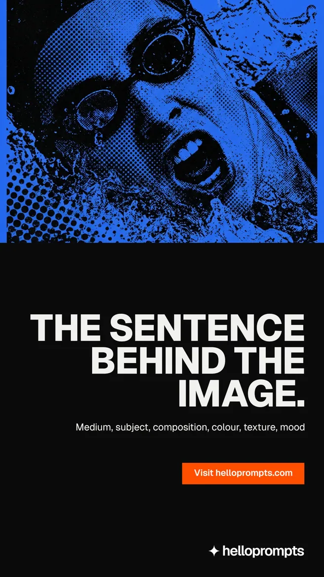 Instagram story for HelloPrompts: "The sentence behind the image." Brutalist style, right layout, dark palette in black, blue.