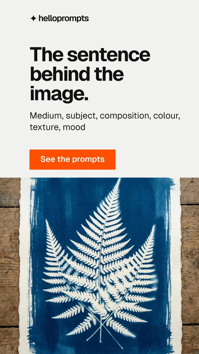 Instagram story for HelloPrompts: "The sentence behind the image." Swiss style, skeleton layout, light palette in white, blue, grey.