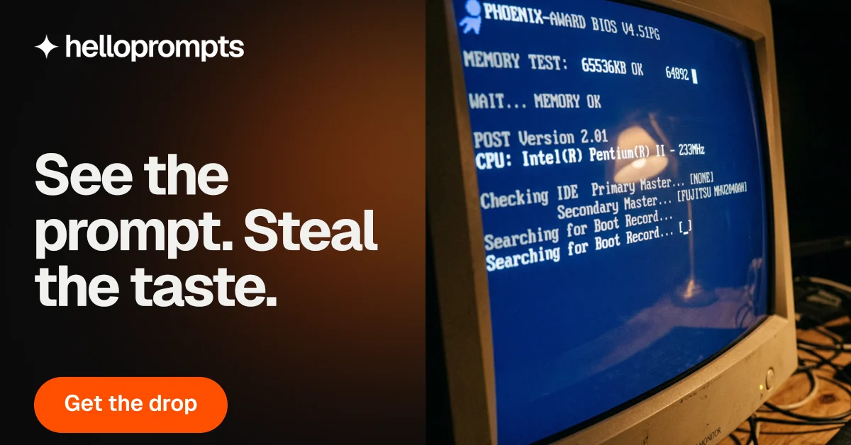 Social ad for HelloPrompts: "See the prompt. Steal the taste." Y2K style, bottom layout, dark palette in black, blue, red.