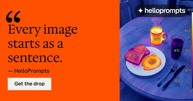 Social ad for HelloPrompts: "Every image starts as a sentence." Split block style, quote layout, dark palette in orange, blue, grey.