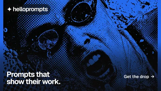 Landscape graphic for HelloPrompts: "Prompts that show their work." Swiss style, image led layout, dark palette in blue, black.