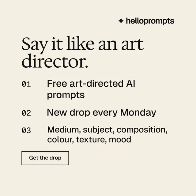 Instagram post for HelloPrompts: "Say it like an art director." Editorial style, numbered layout, light palette in white, grey, yellow.